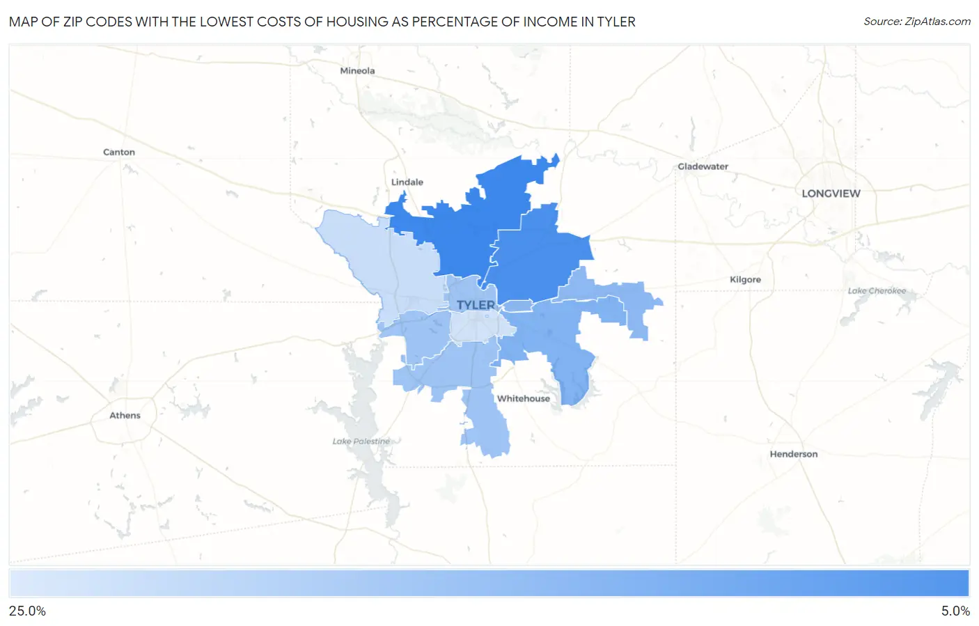 Zip Codes with the Lowest Costs of Housing as Percentage of Income in Tyler Map