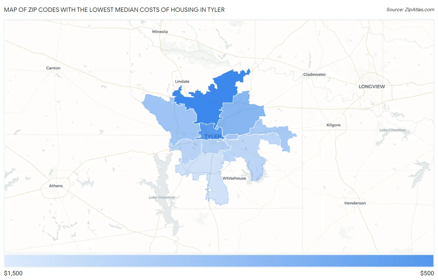 Zip Codes with the Lowest Median Costs of Housing in Tyler Map