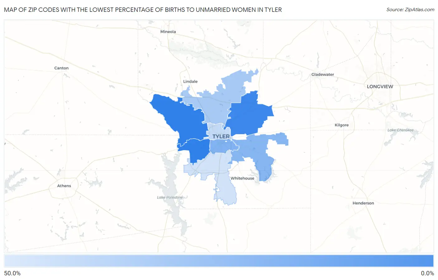 Zip Codes with the Lowest Percentage of Births to Unmarried Women in Tyler Map