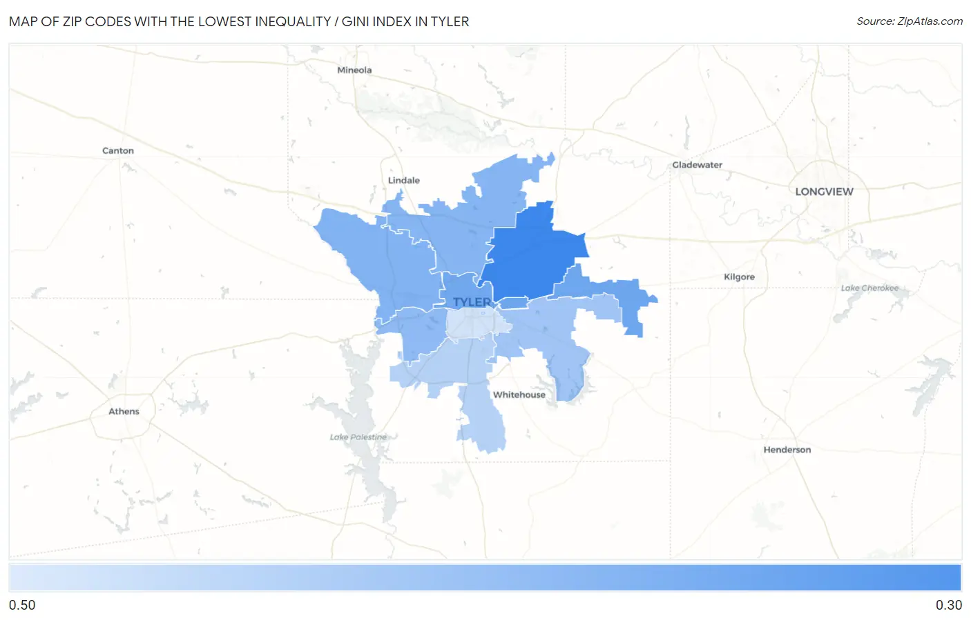 Zip Codes with the Lowest Inequality / Gini Index in Tyler Map