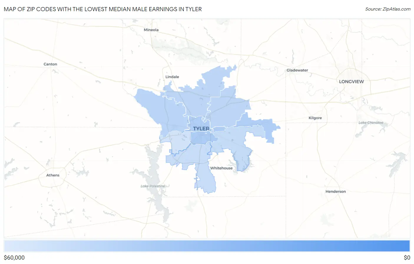 Zip Codes with the Lowest Median Male Earnings in Tyler Map