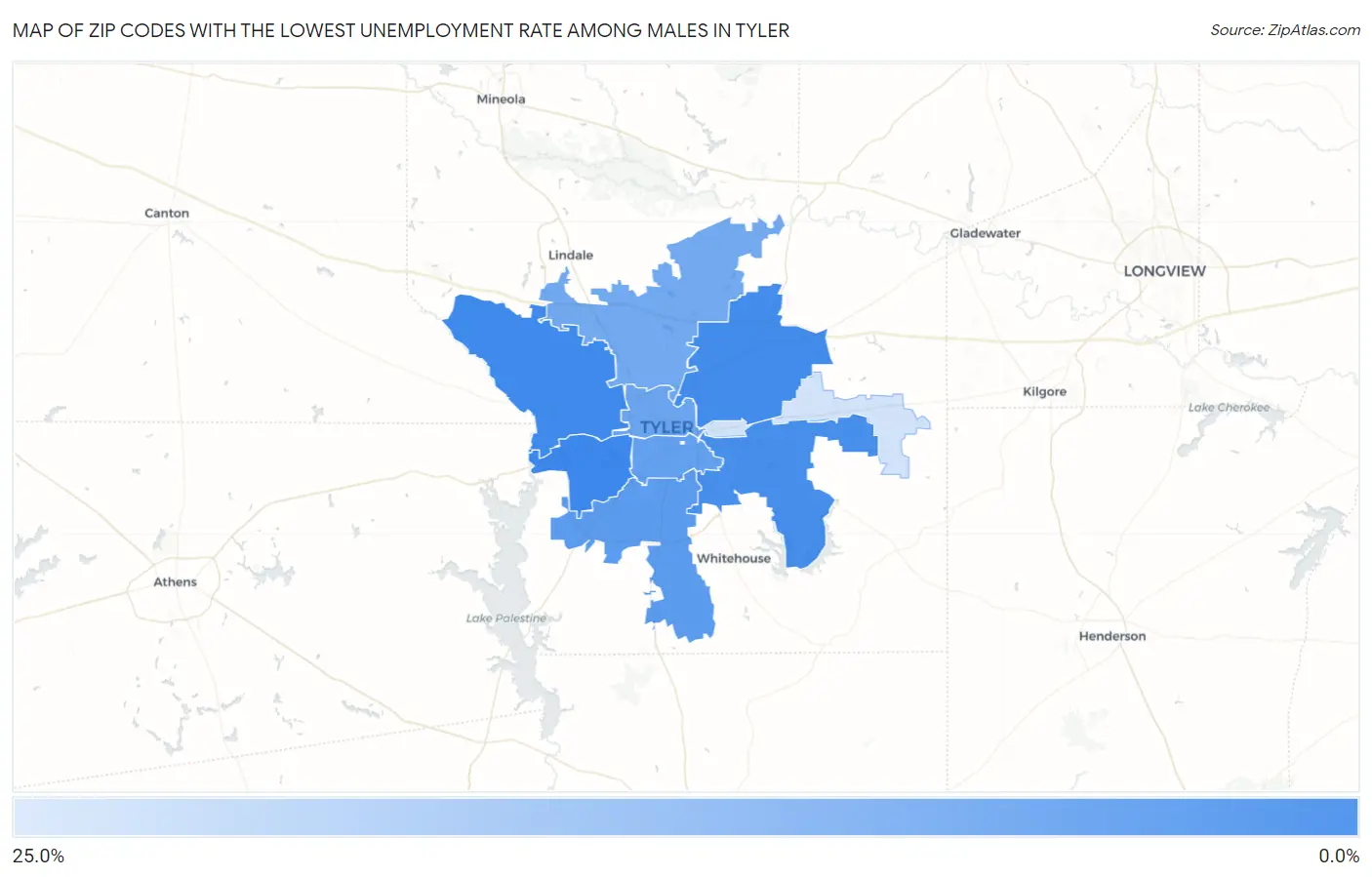 Zip Codes with the Lowest Unemployment Rate Among Males in Tyler Map