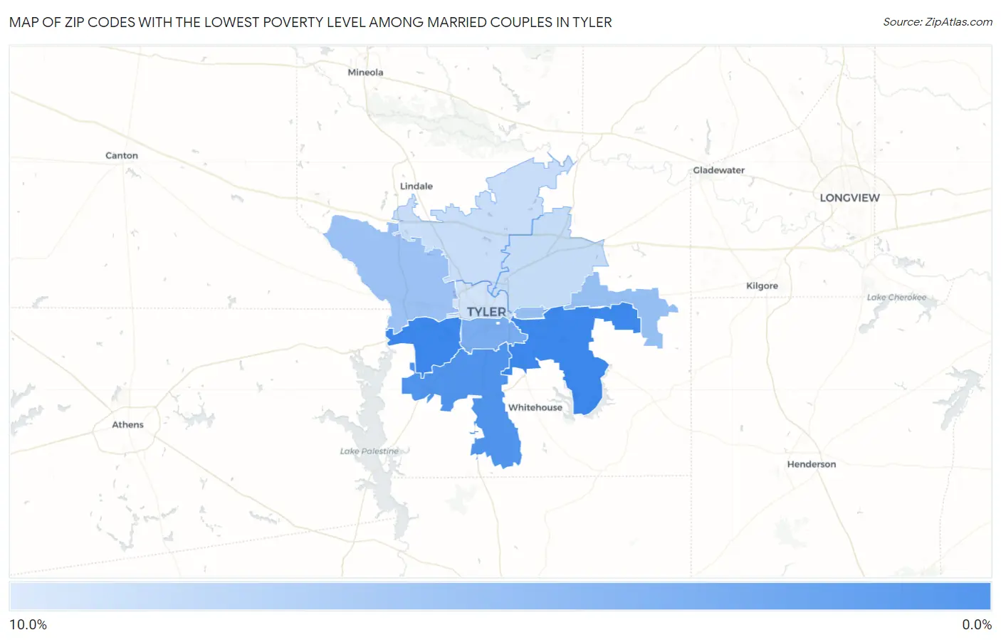 Zip Codes with the Lowest Poverty Level Among Married Couples in Tyler Map