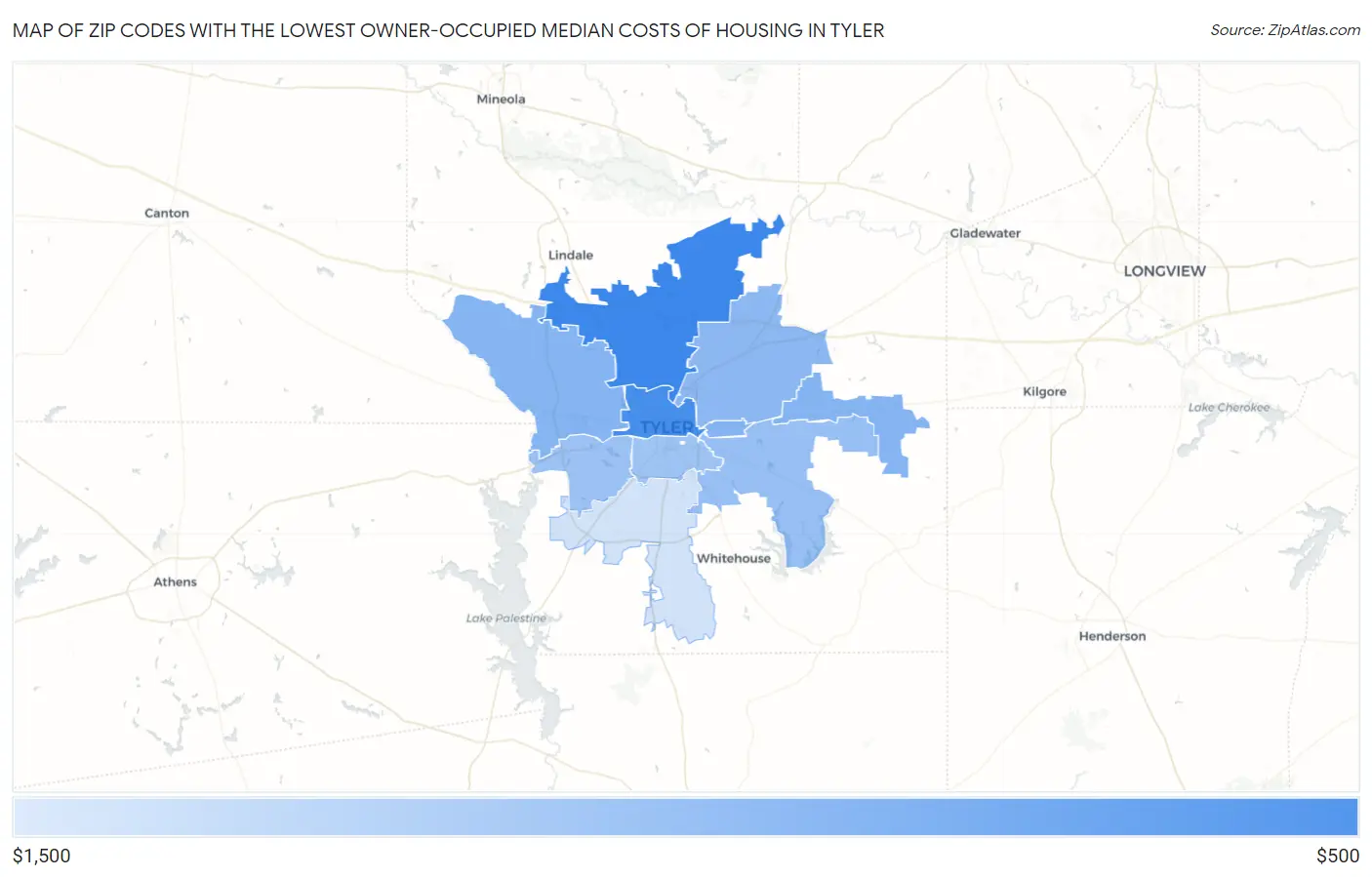 Zip Codes with the Lowest Owner-Occupied Median Costs of Housing in Tyler Map