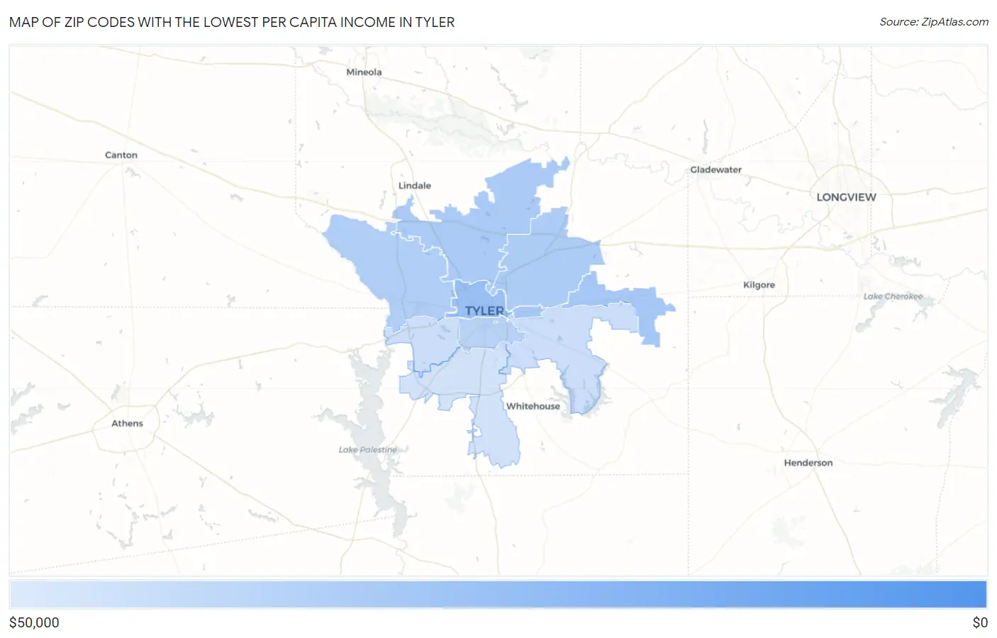 Zip Codes with the Lowest Per Capita Income in Tyler Map