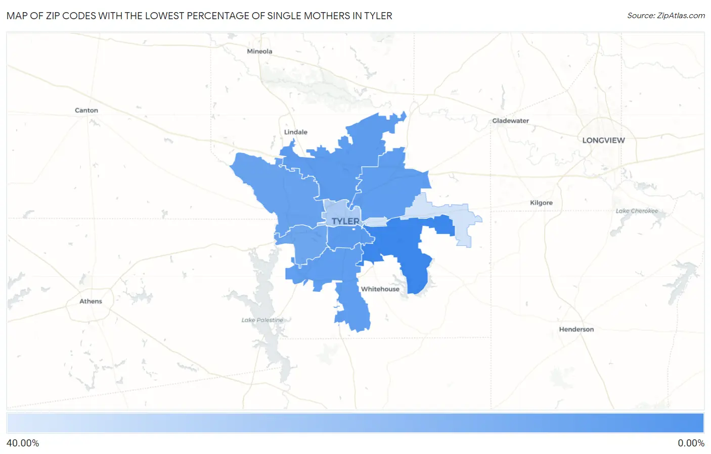 Zip Codes with the Lowest Percentage of Single Mothers in Tyler Map
