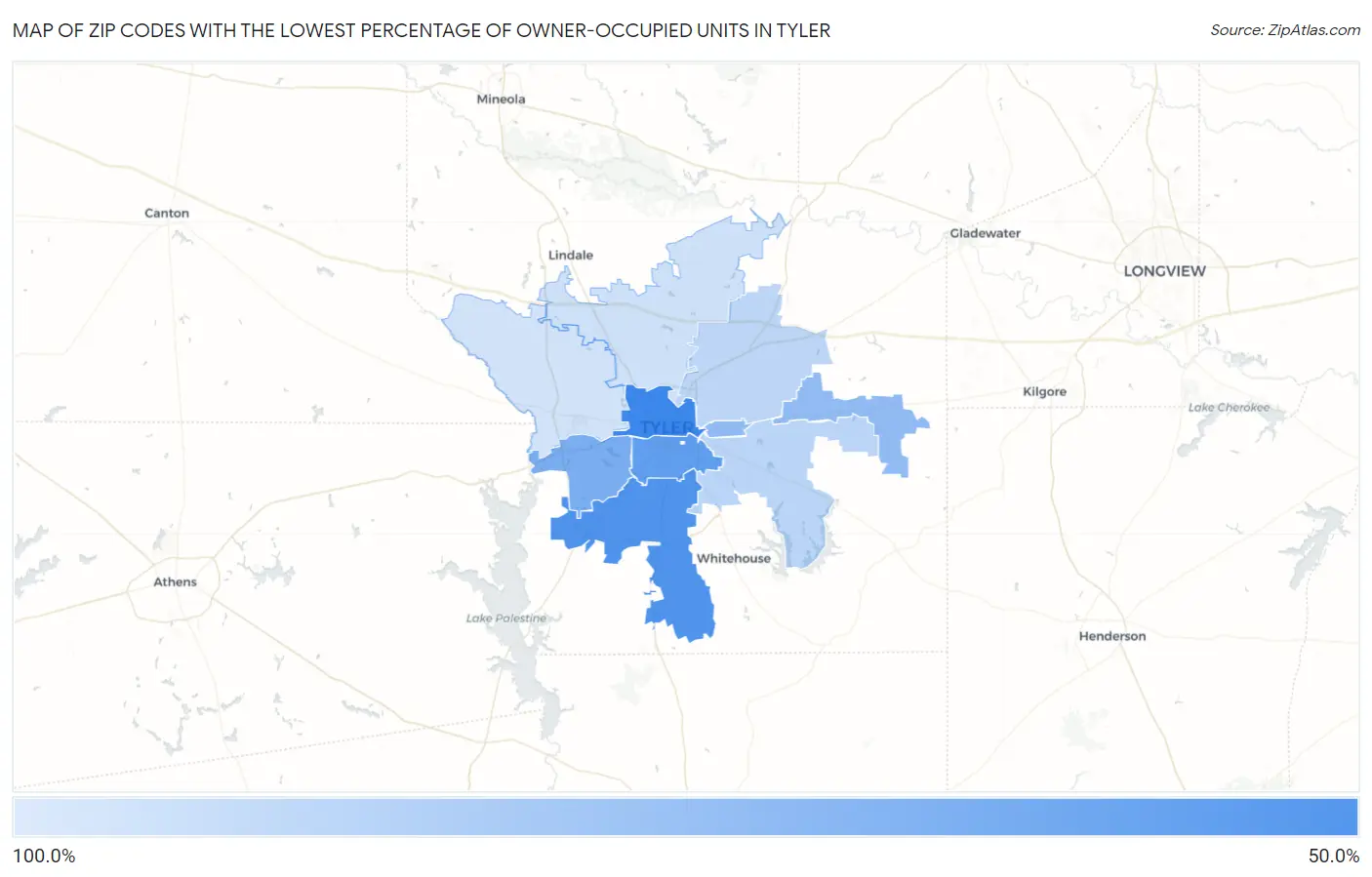 Zip Codes with the Lowest Percentage of Owner-Occupied Units in Tyler Map