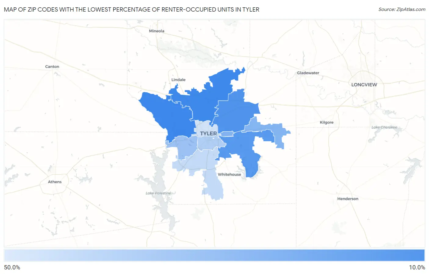 Zip Codes with the Lowest Percentage of Renter-Occupied Units in Tyler Map