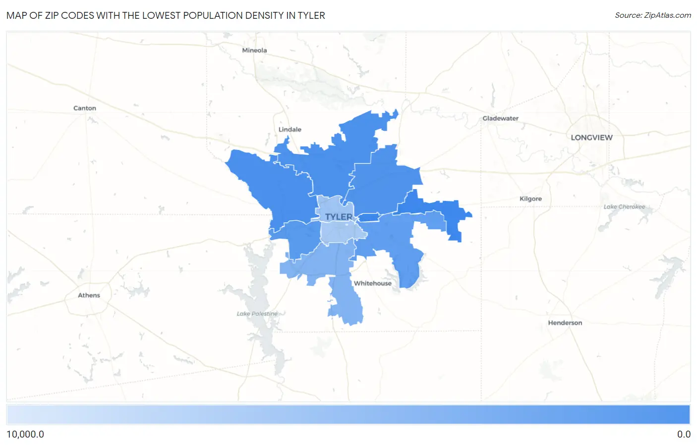 Zip Codes with the Lowest Population Density in Tyler Map