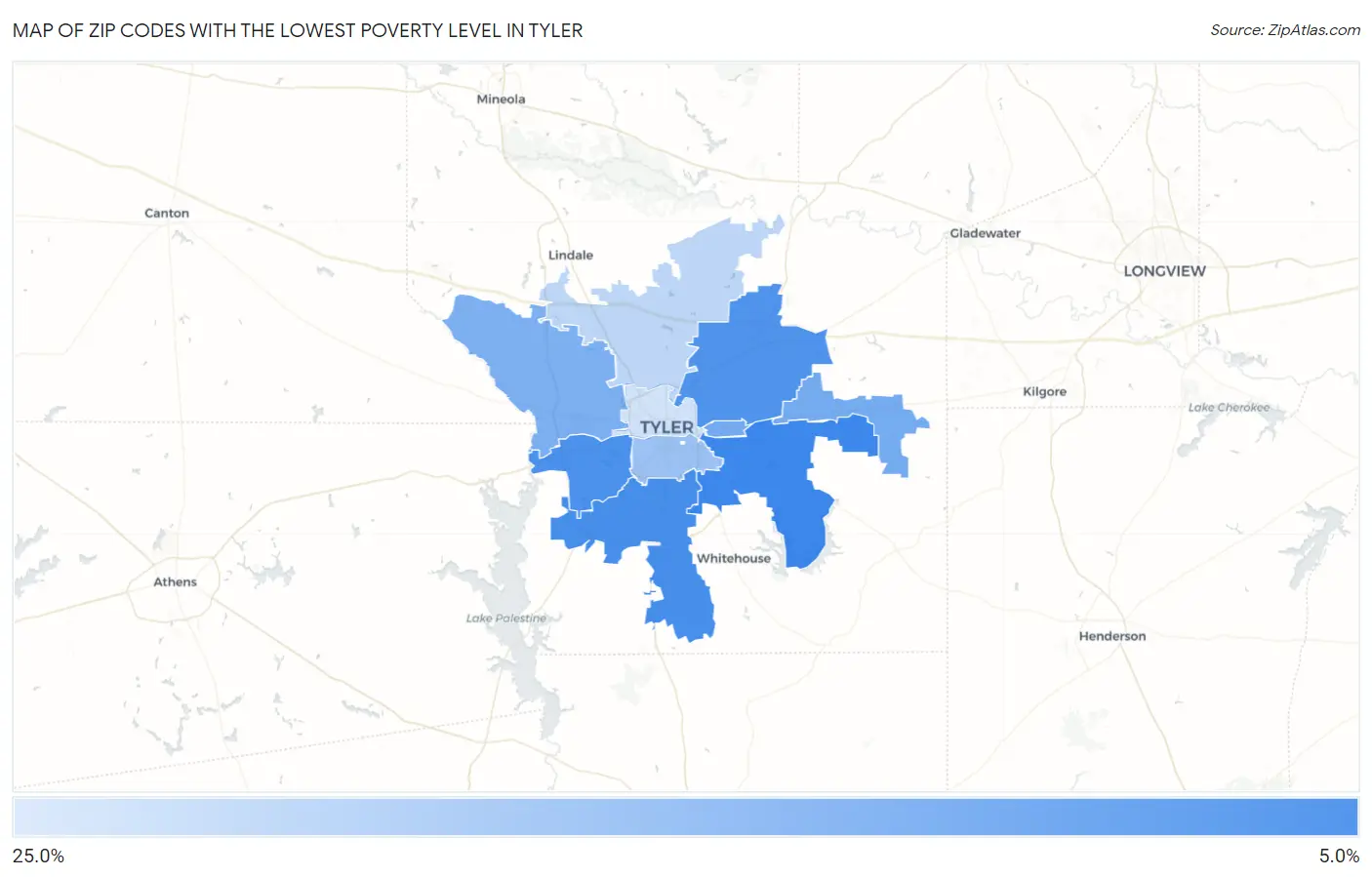 Zip Codes with the Lowest Poverty Level in Tyler Map