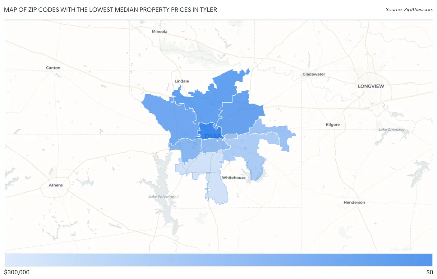 Zip Codes with the Lowest Median Property Prices in Tyler Map
