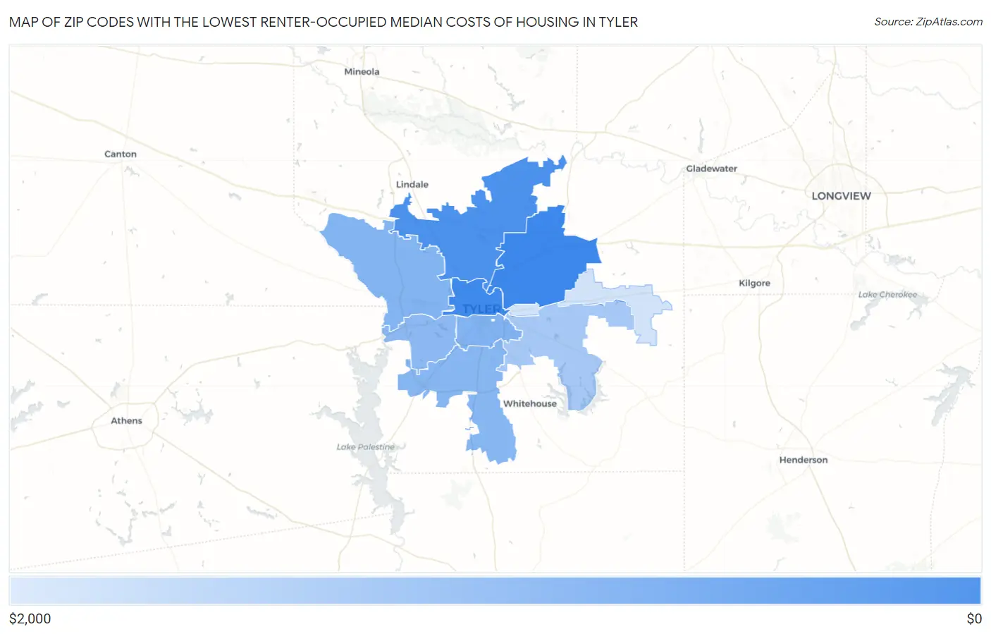 Zip Codes with the Lowest Renter-Occupied Median Costs of Housing in Tyler Map