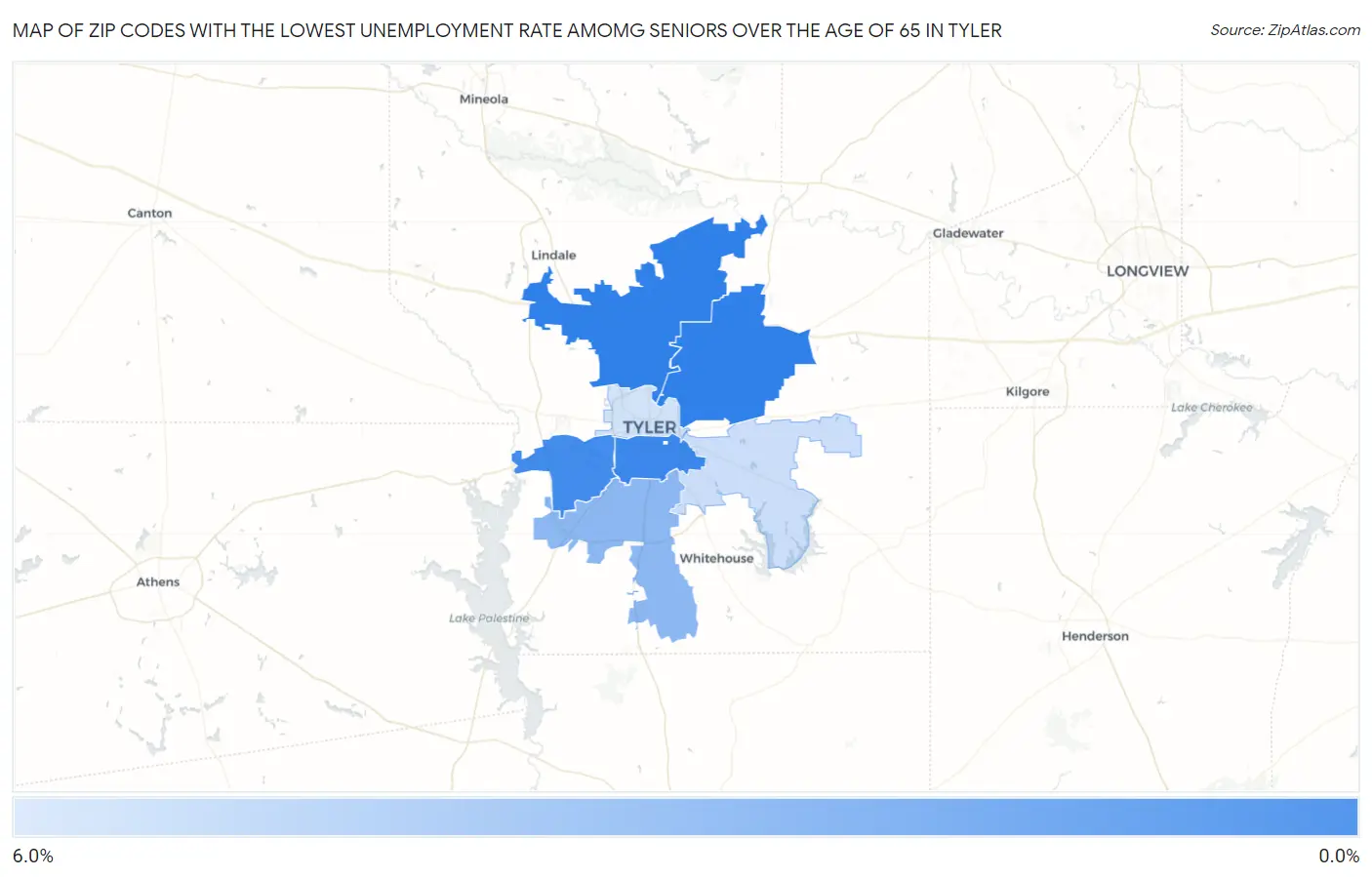 Zip Codes with the Lowest Unemployment Rate Amomg Seniors Over the Age of 65 in Tyler Map