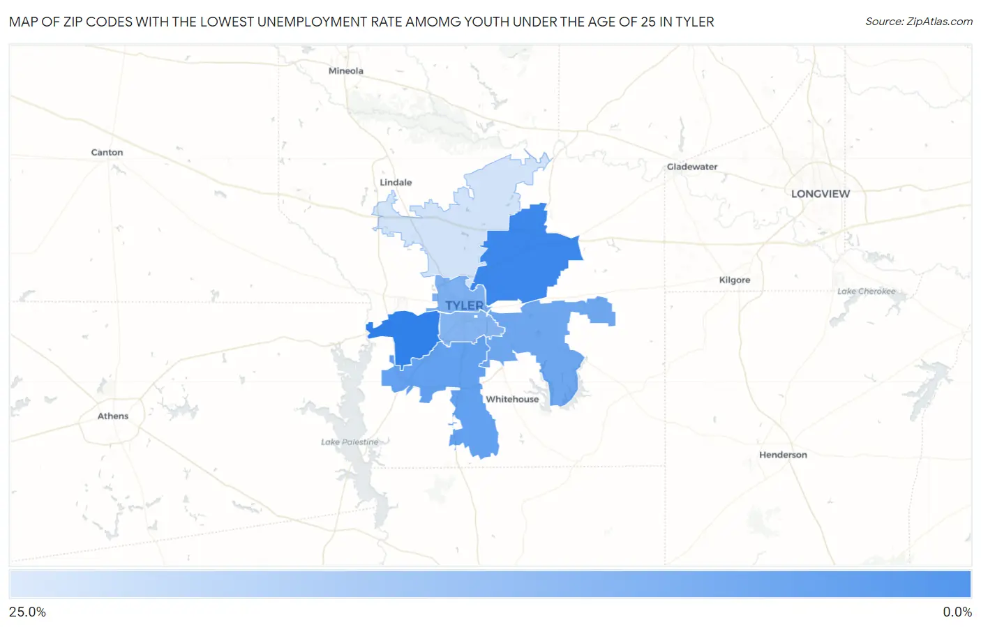 Zip Codes with the Lowest Unemployment Rate Amomg Youth Under the Age of 25 in Tyler Map