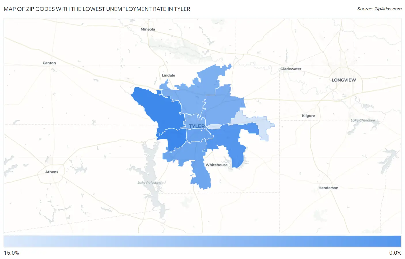 Zip Codes with the Lowest Unemployment Rate in Tyler Map