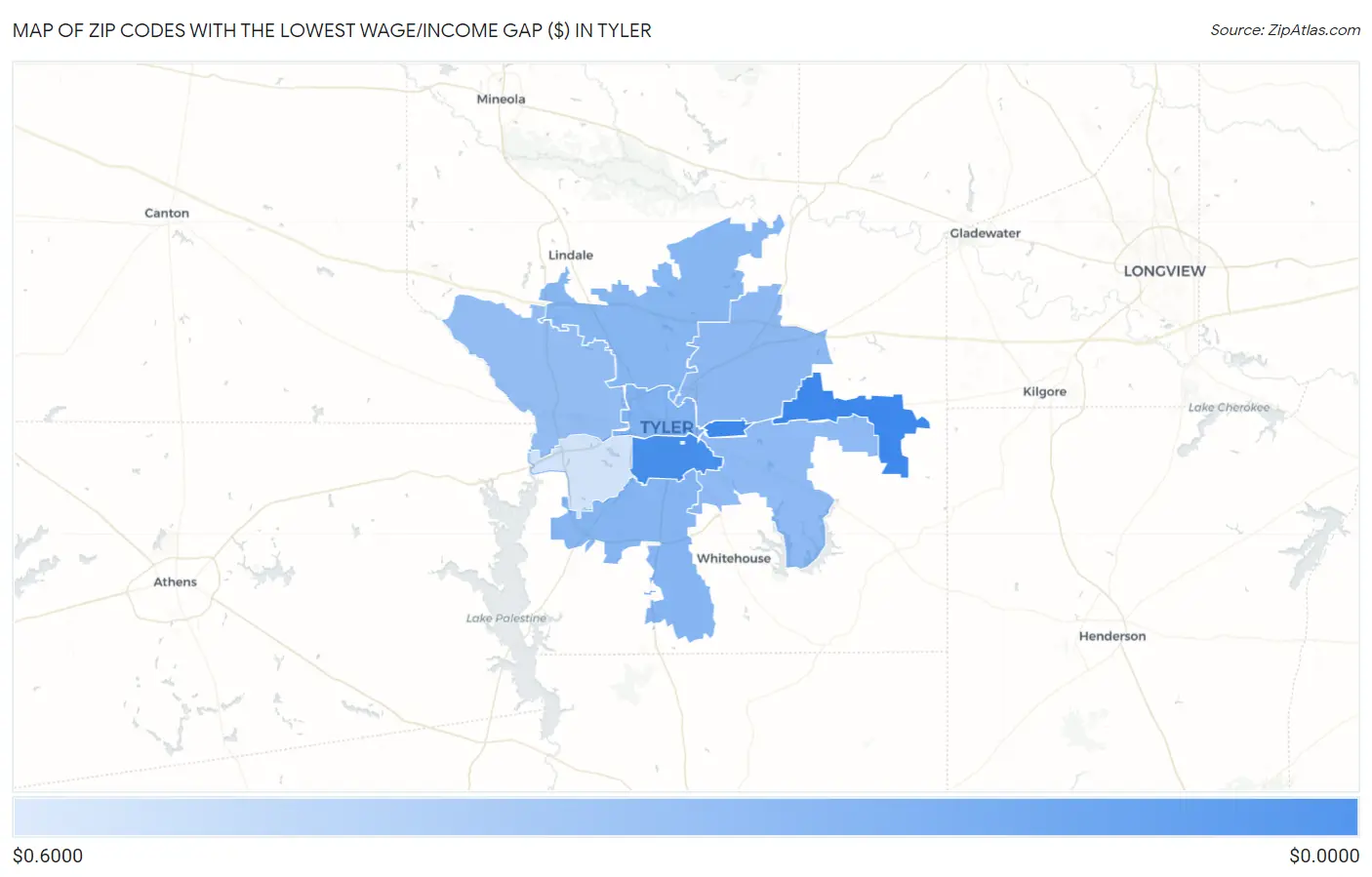 Zip Codes with the Lowest Wage/Income Gap ($) in Tyler Map