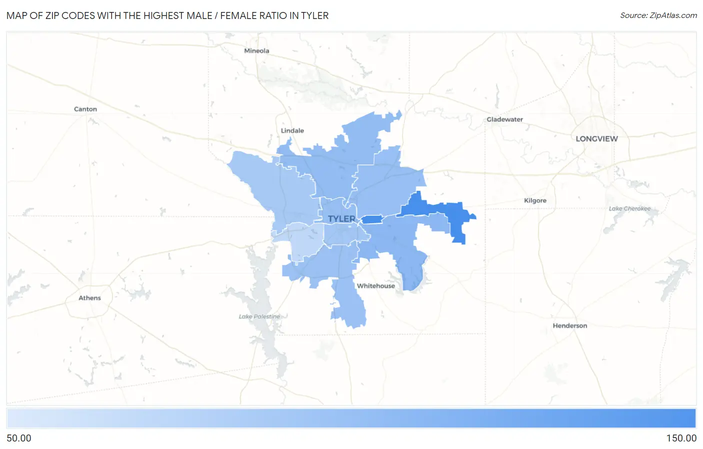 Zip Codes with the Highest Male / Female Ratio in Tyler Map