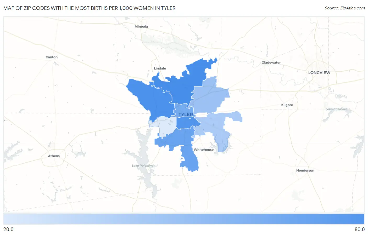 Zip Codes with the Most Births per 1,000 Women in Tyler Map