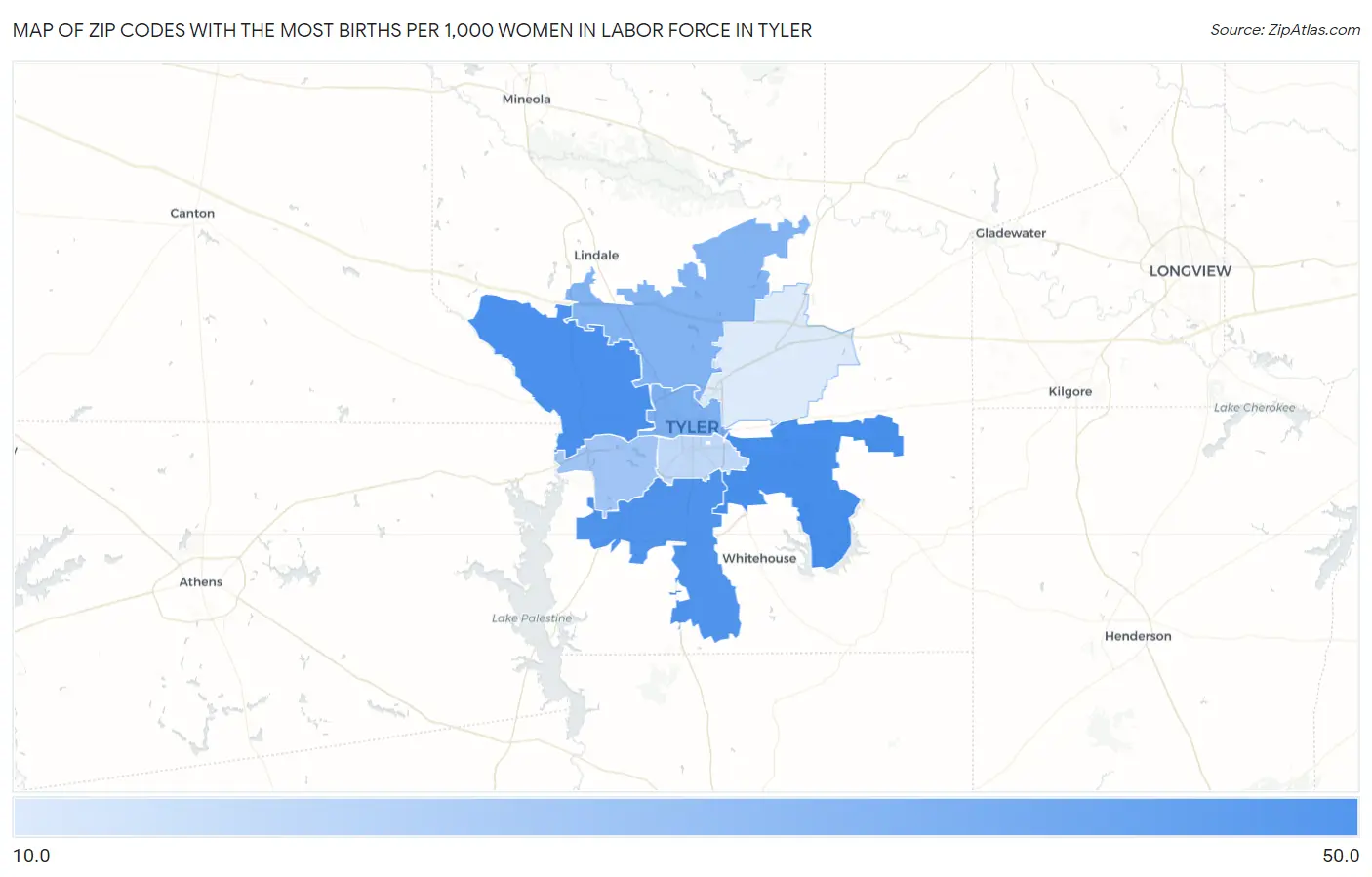 Zip Codes with the Most Births per 1,000 Women in Labor Force in Tyler Map