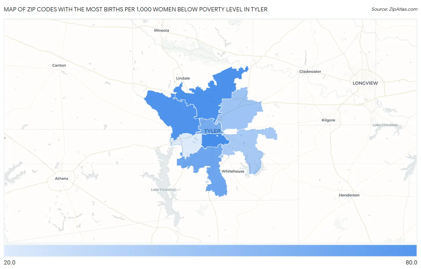 Zip Codes with the Most Births per 1,000 Women Below Poverty Level in Tyler Map