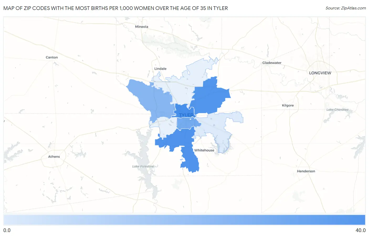 Zip Codes with the Most Births per 1,000 Women Over the Age of 35 in Tyler Map
