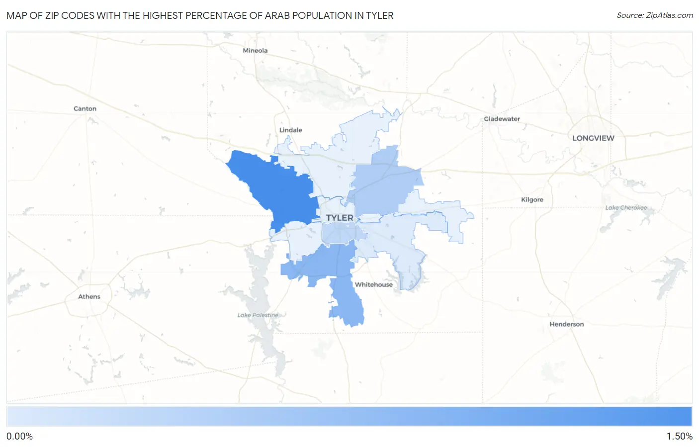 Zip Codes with the Highest Percentage of Arab Population in Tyler Map