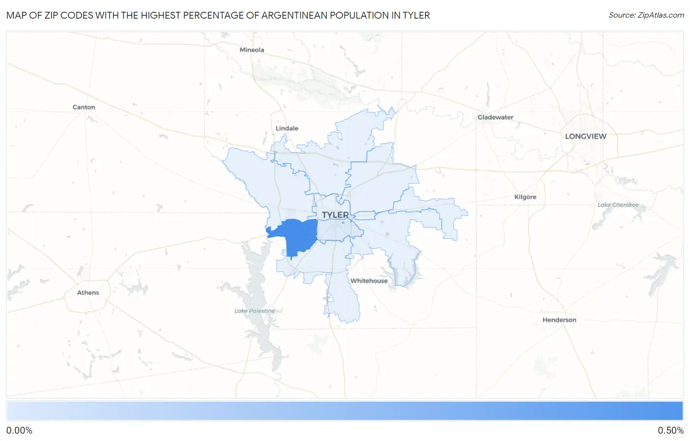 Zip Codes with the Highest Percentage of Argentinean Population in Tyler Map