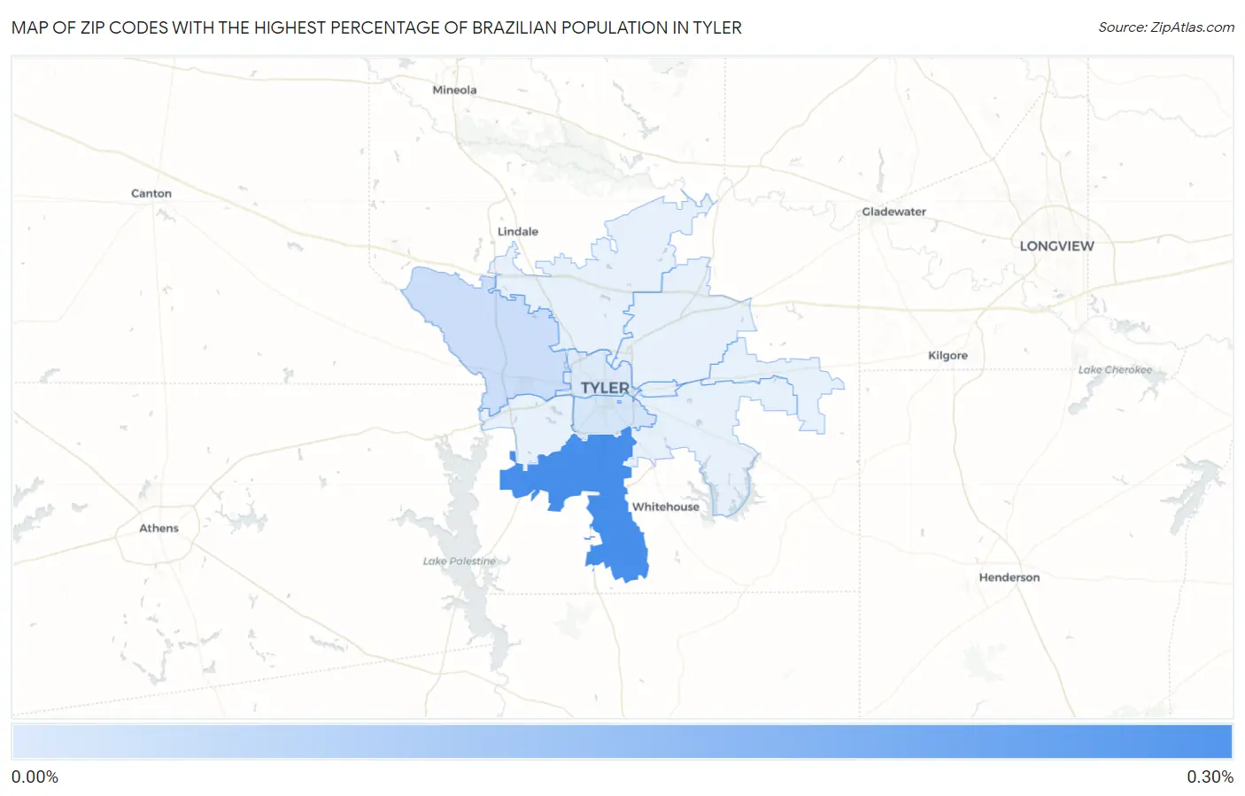 Zip Codes with the Highest Percentage of Brazilian Population in Tyler Map