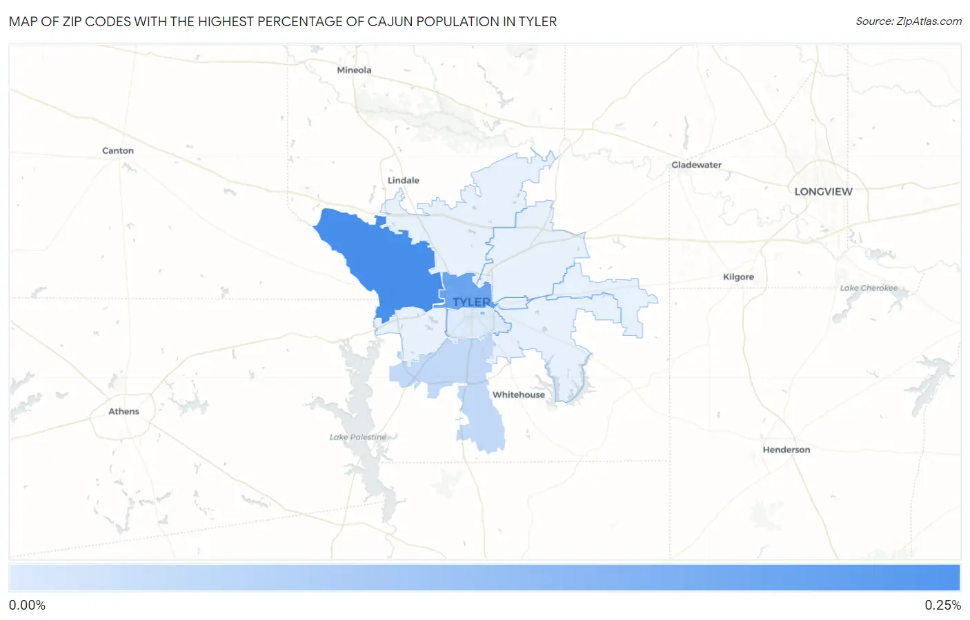 Zip Codes with the Highest Percentage of Cajun Population in Tyler Map