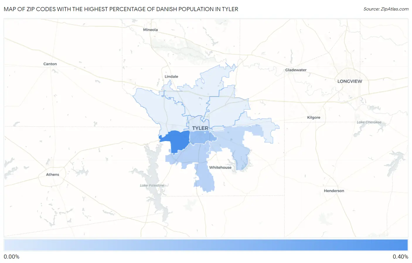 Zip Codes with the Highest Percentage of Danish Population in Tyler Map