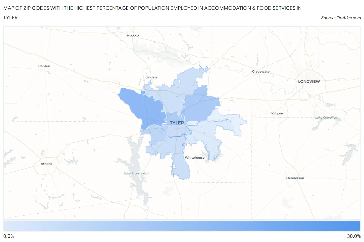 Zip Codes with the Highest Percentage of Population Employed in Accommodation & Food Services in Tyler Map