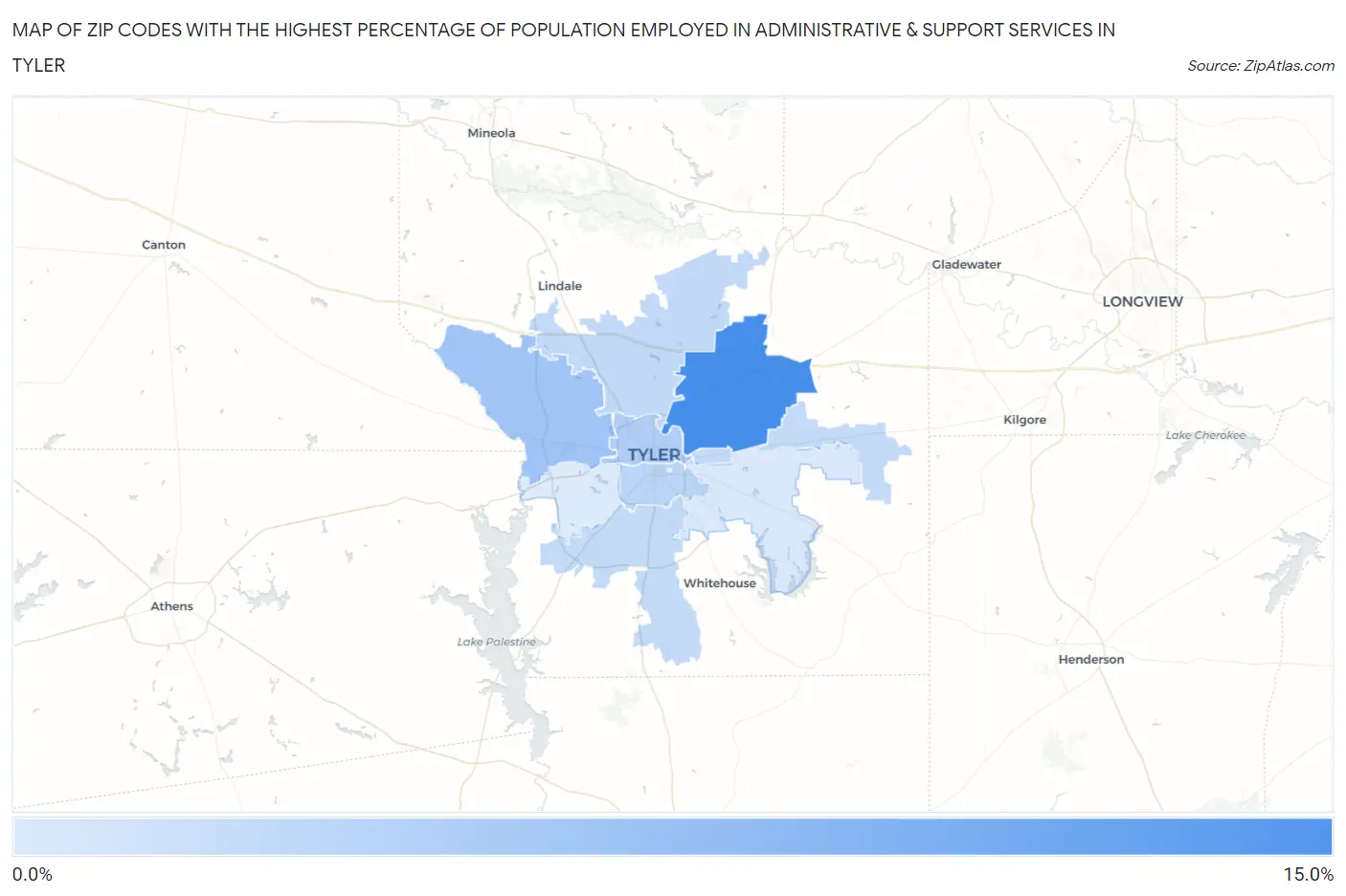 Zip Codes with the Highest Percentage of Population Employed in Administrative & Support Services in Tyler Map
