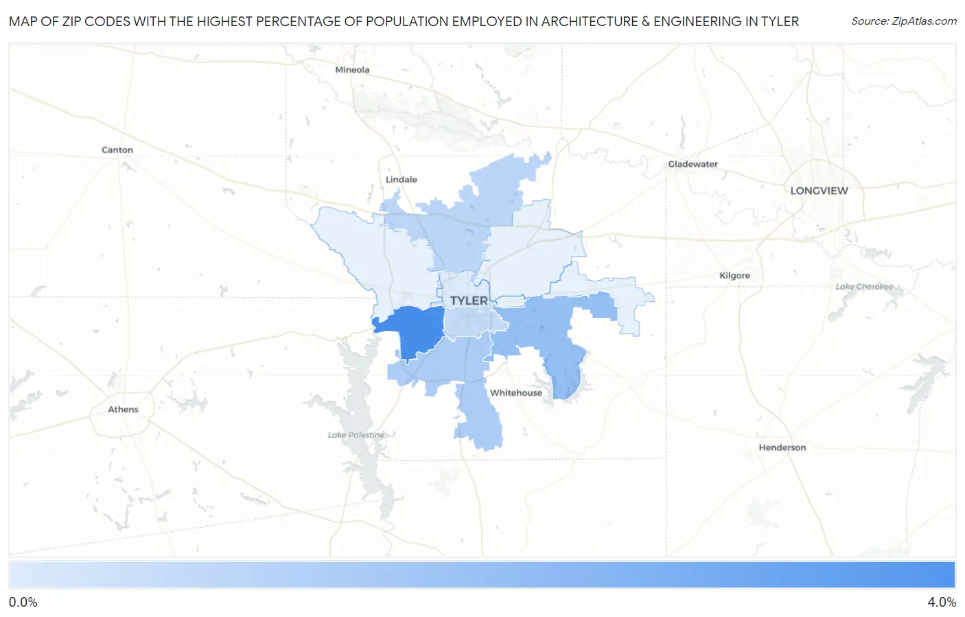 Zip Codes with the Highest Percentage of Population Employed in Architecture & Engineering in Tyler Map