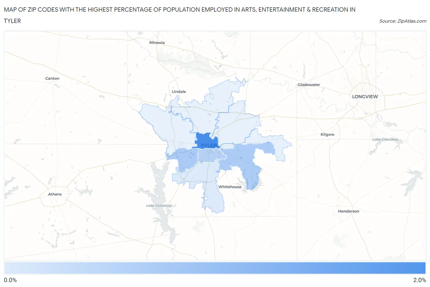 Zip Codes with the Highest Percentage of Population Employed in Arts, Entertainment & Recreation in Tyler Map