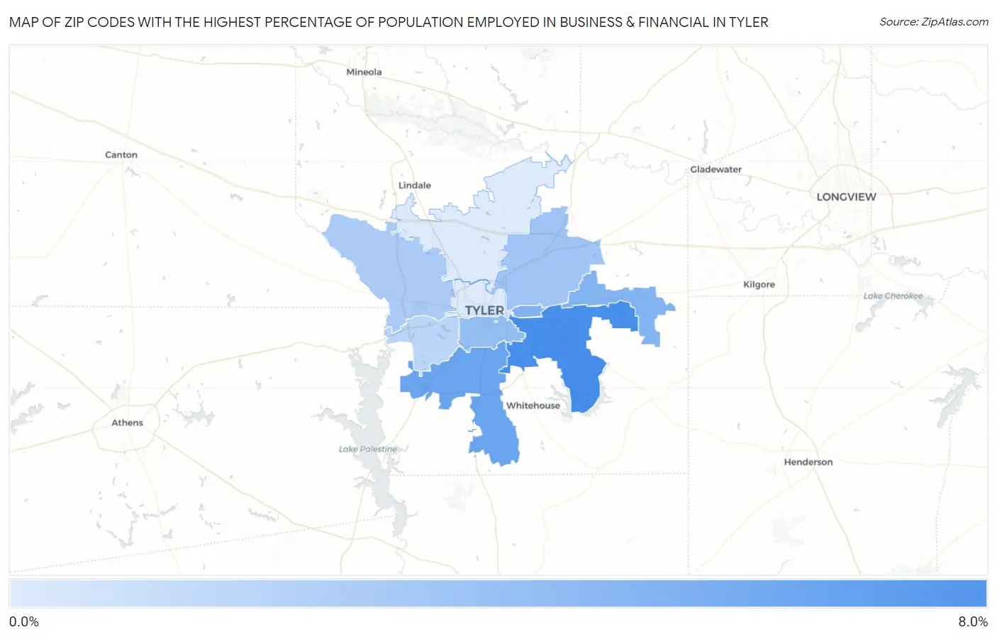Zip Codes with the Highest Percentage of Population Employed in Business & Financial in Tyler Map