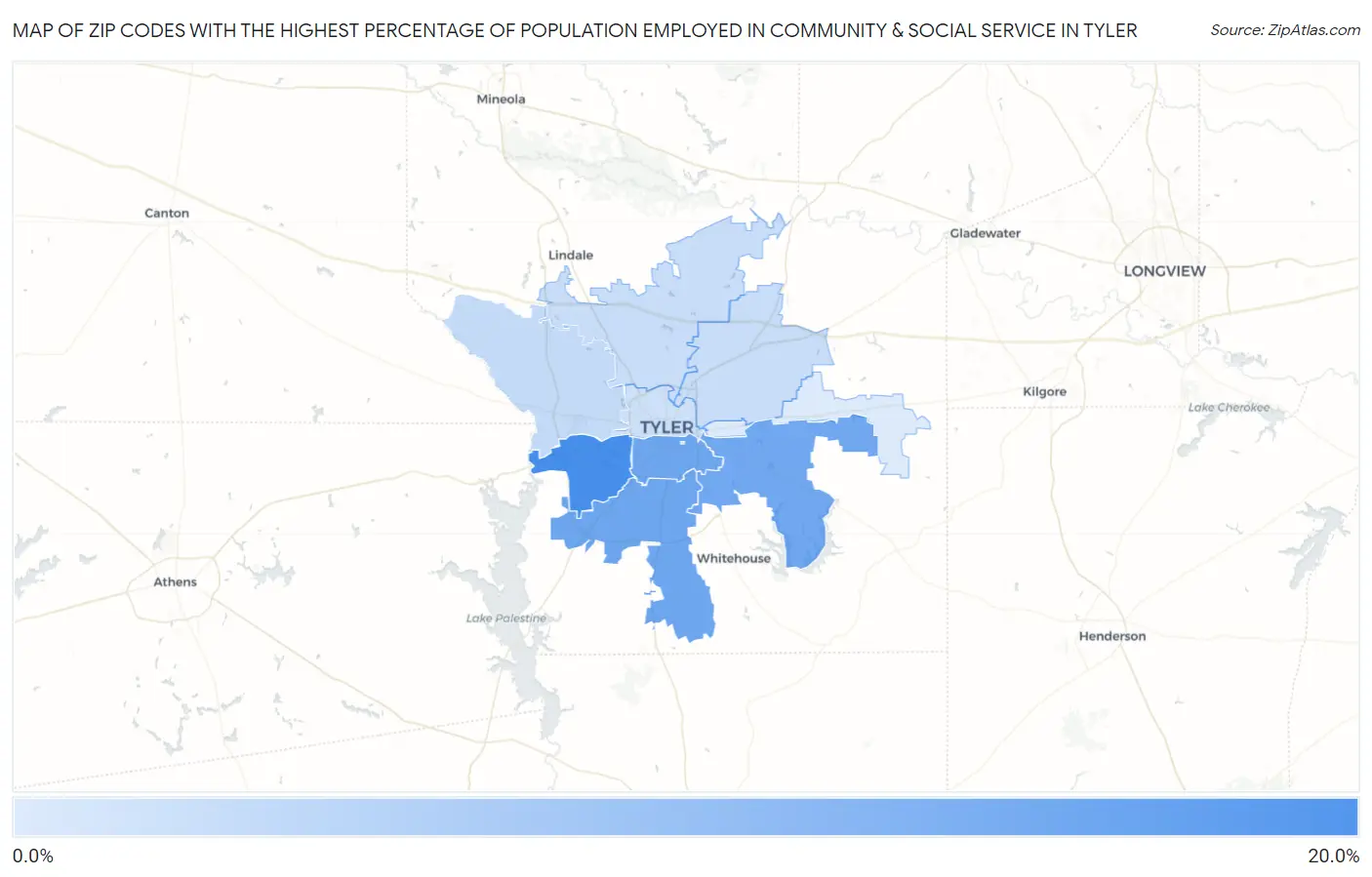 Zip Codes with the Highest Percentage of Population Employed in Community & Social Service  in Tyler Map