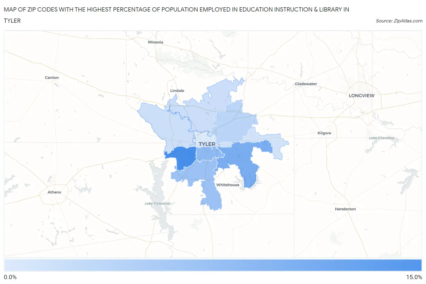 Zip Codes with the Highest Percentage of Population Employed in Education Instruction & Library in Tyler Map