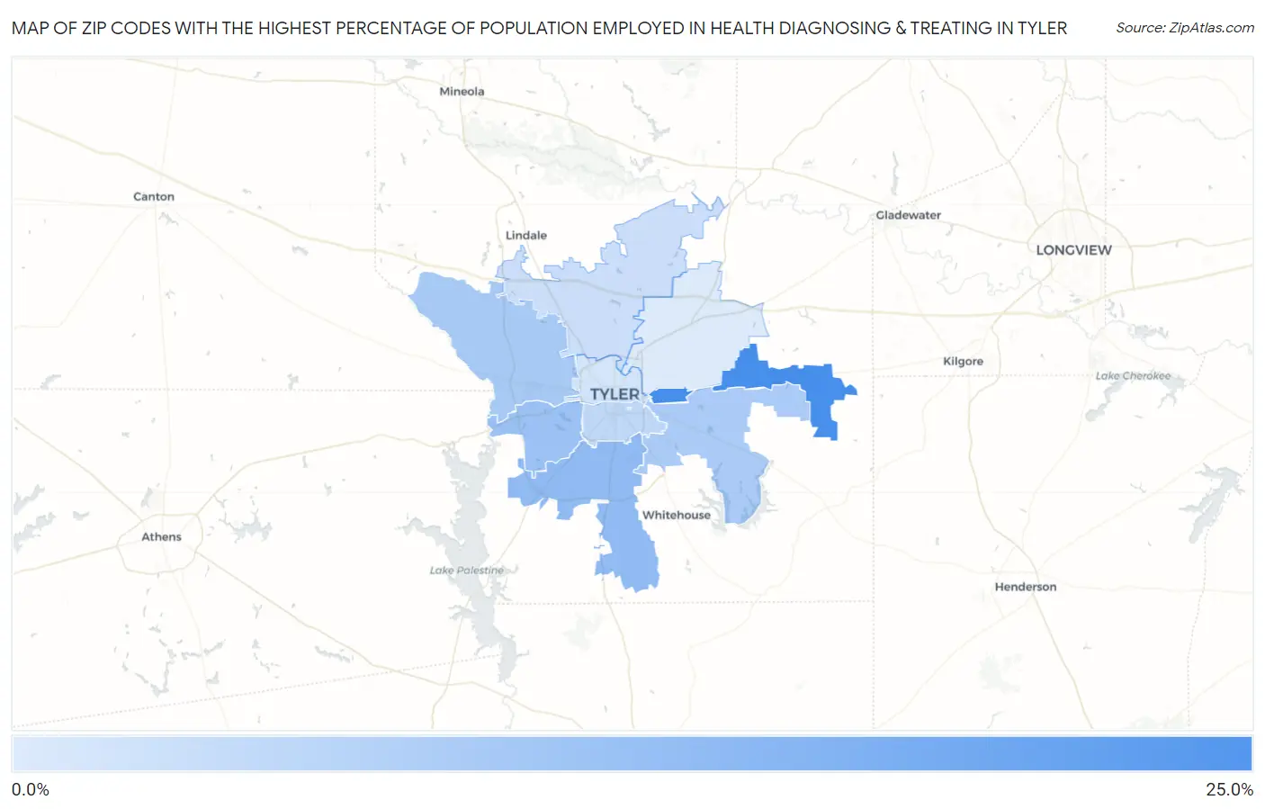 Zip Codes with the Highest Percentage of Population Employed in Health Diagnosing & Treating in Tyler Map