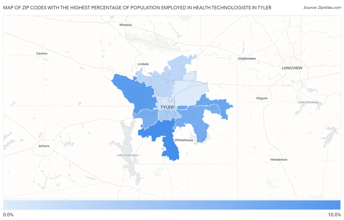 Zip Codes with the Highest Percentage of Population Employed in Health Technologists in Tyler Map