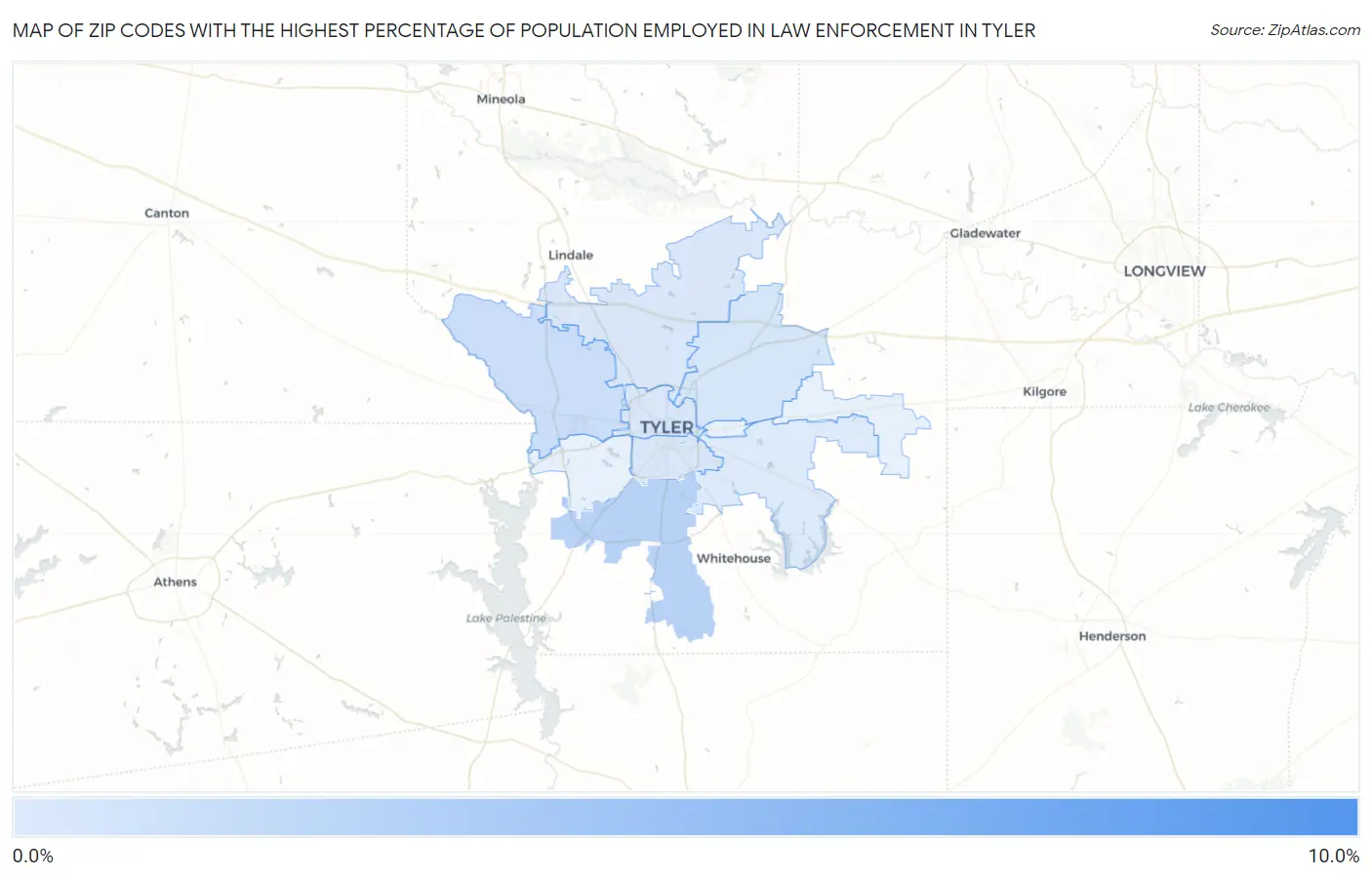 Zip Codes with the Highest Percentage of Population Employed in Law Enforcement in Tyler Map