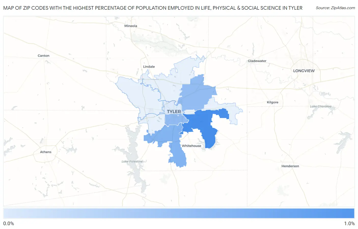 Zip Codes with the Highest Percentage of Population Employed in Life, Physical & Social Science in Tyler Map