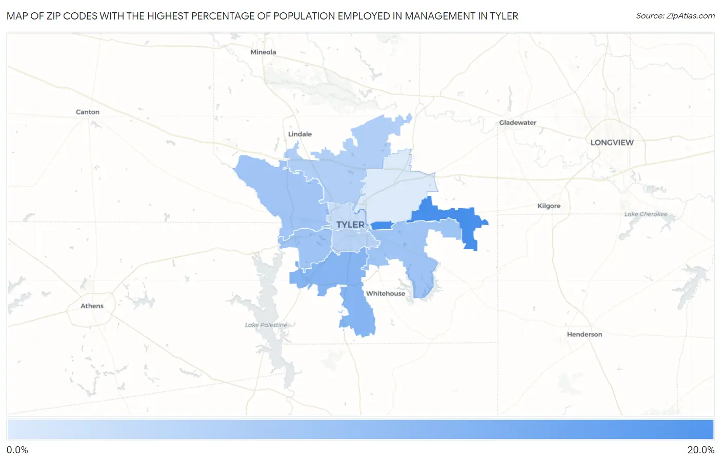 Zip Codes with the Highest Percentage of Population Employed in Management in Tyler Map
