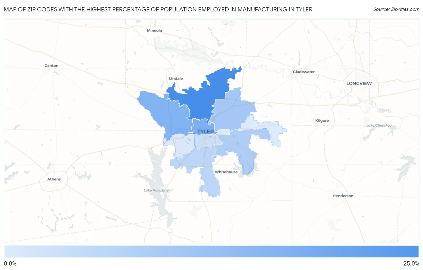 Zip Codes with the Highest Percentage of Population Employed in Manufacturing in Tyler Map