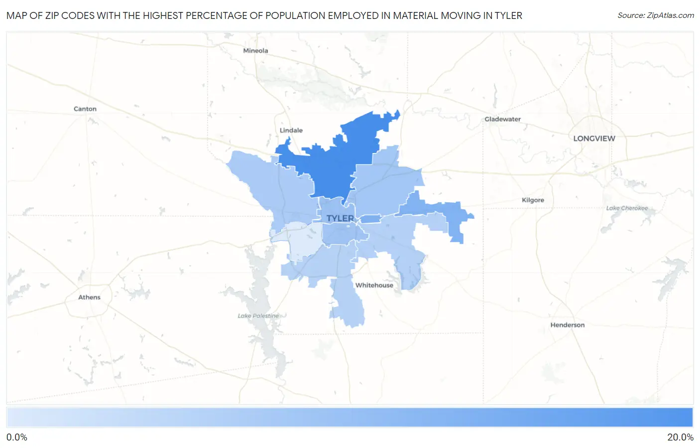 Zip Codes with the Highest Percentage of Population Employed in Material Moving in Tyler Map