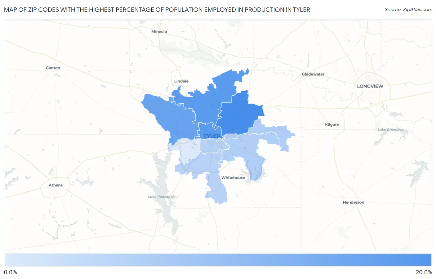 Zip Codes with the Highest Percentage of Population Employed in Production in Tyler Map