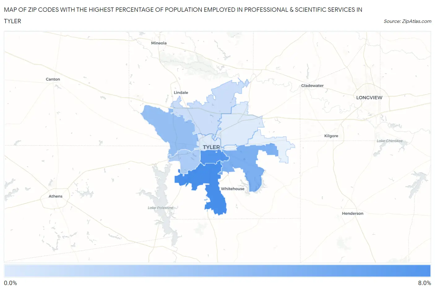 Zip Codes with the Highest Percentage of Population Employed in Professional & Scientific Services in Tyler Map