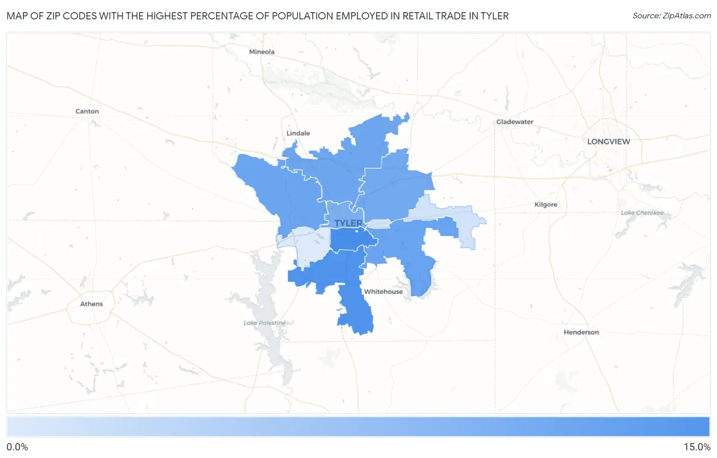Zip Codes with the Highest Percentage of Population Employed in Retail Trade in Tyler Map