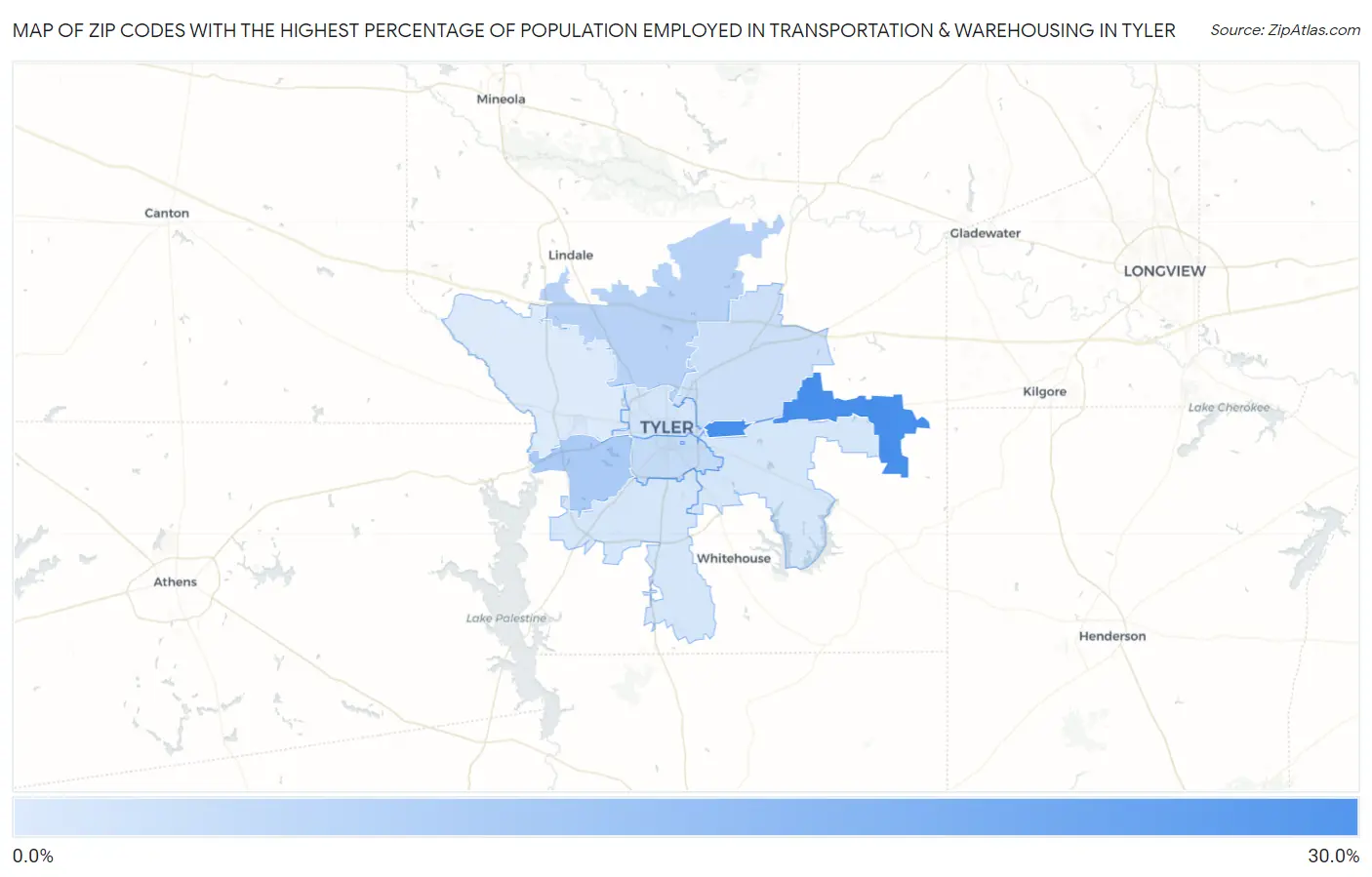 Zip Codes with the Highest Percentage of Population Employed in Transportation & Warehousing in Tyler Map