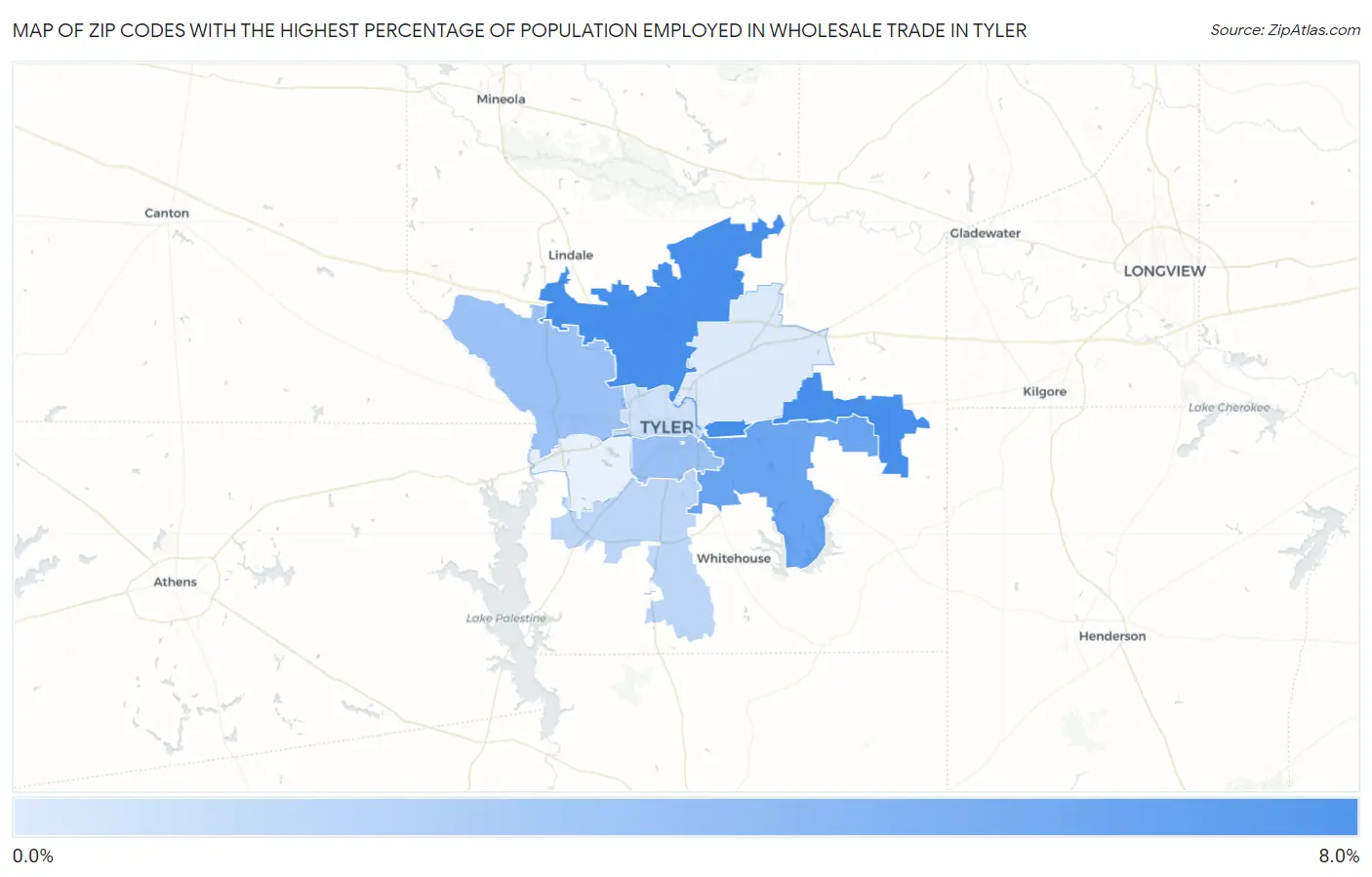 Zip Codes with the Highest Percentage of Population Employed in Wholesale Trade in Tyler Map