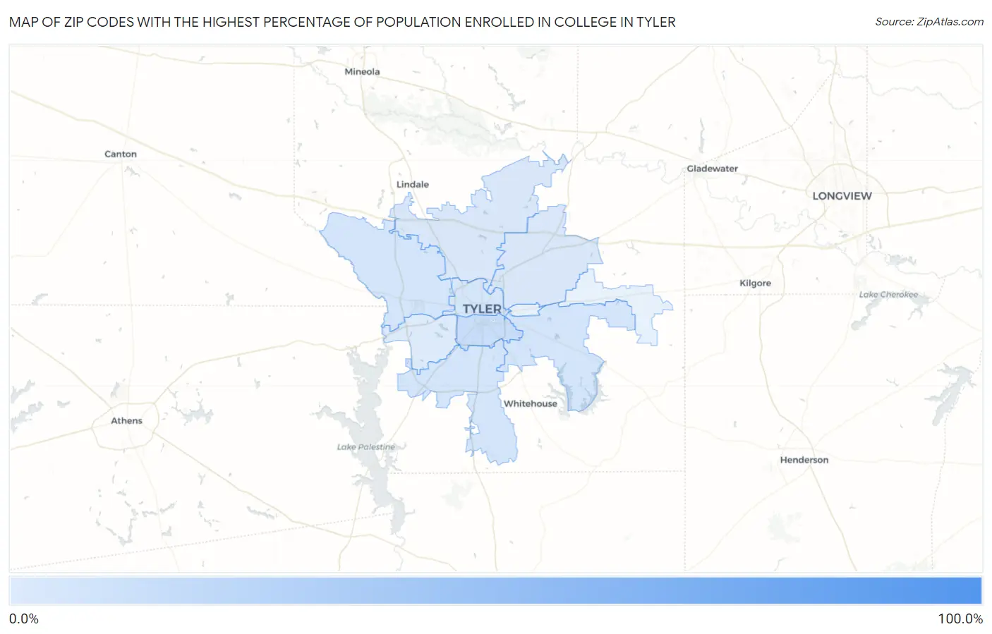 Zip Codes with the Highest Percentage of Population Enrolled in College in Tyler Map
